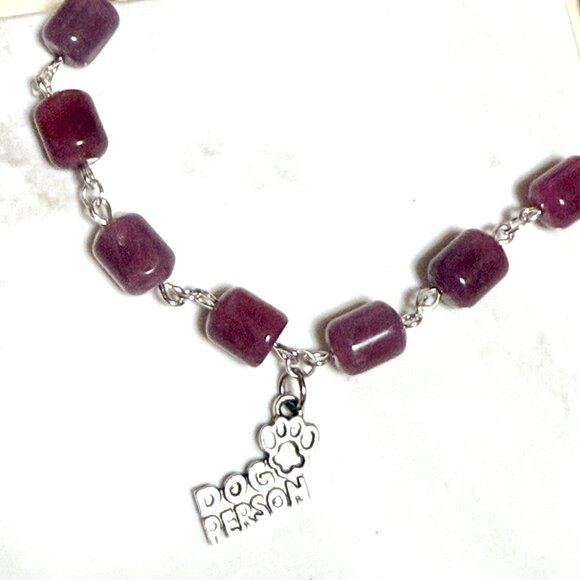Genuine Magenta Chalcedony Short Necklace, Gemstone & Dog Person Paw Print Charm - Picture 5 of 14